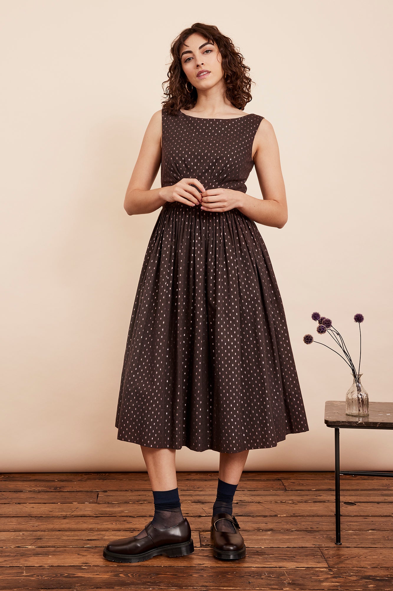 Image of ABIGAIL CHOCOLATE LUREX SPOT DRESS - NON RETURNABLE SAMPLE ARCHIVE SS - Dress