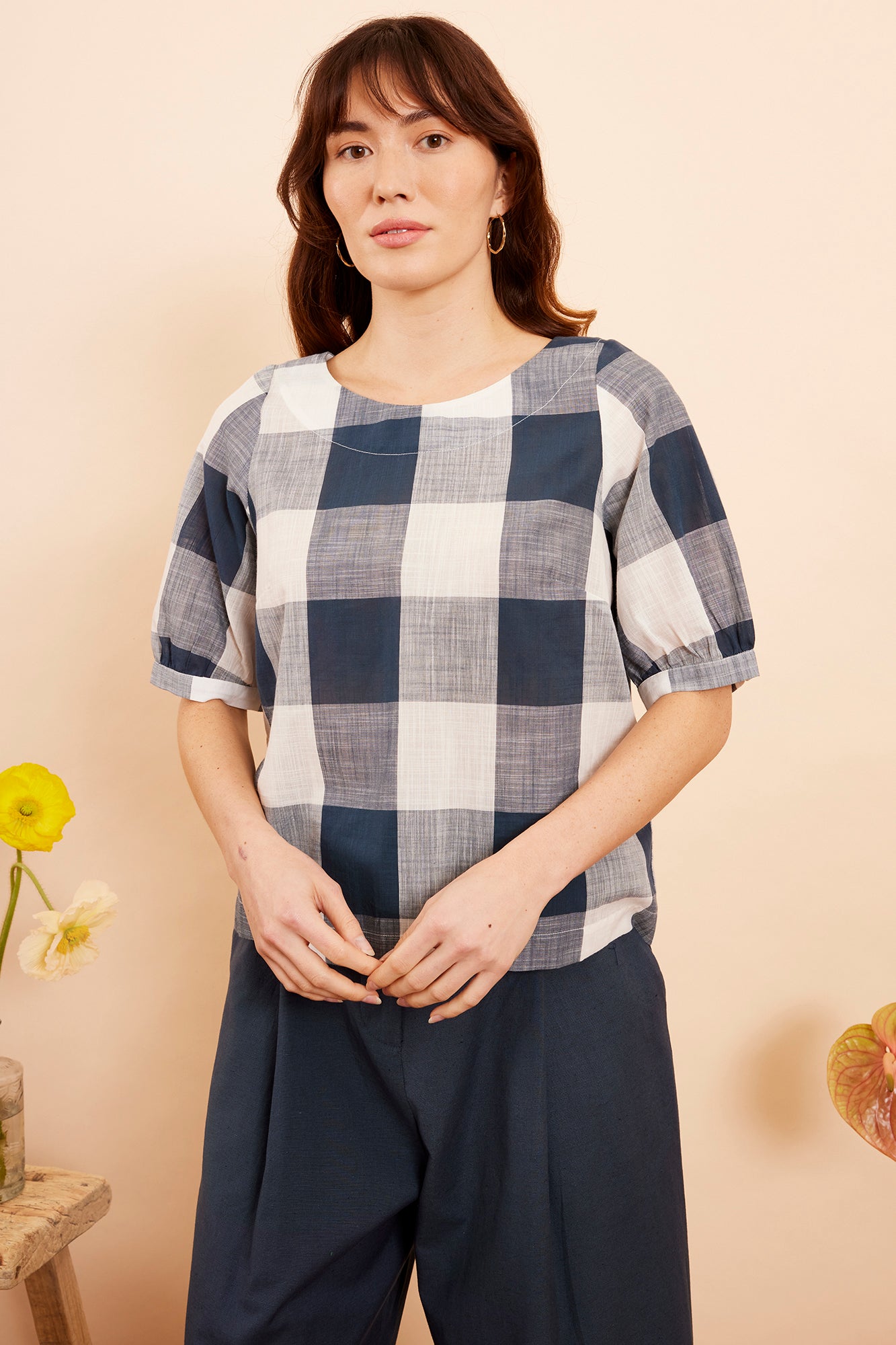 Image of AVA INDIGO PLAID TOP - NON RETURNABLE SAMPLE SAMPLE SALE - Top