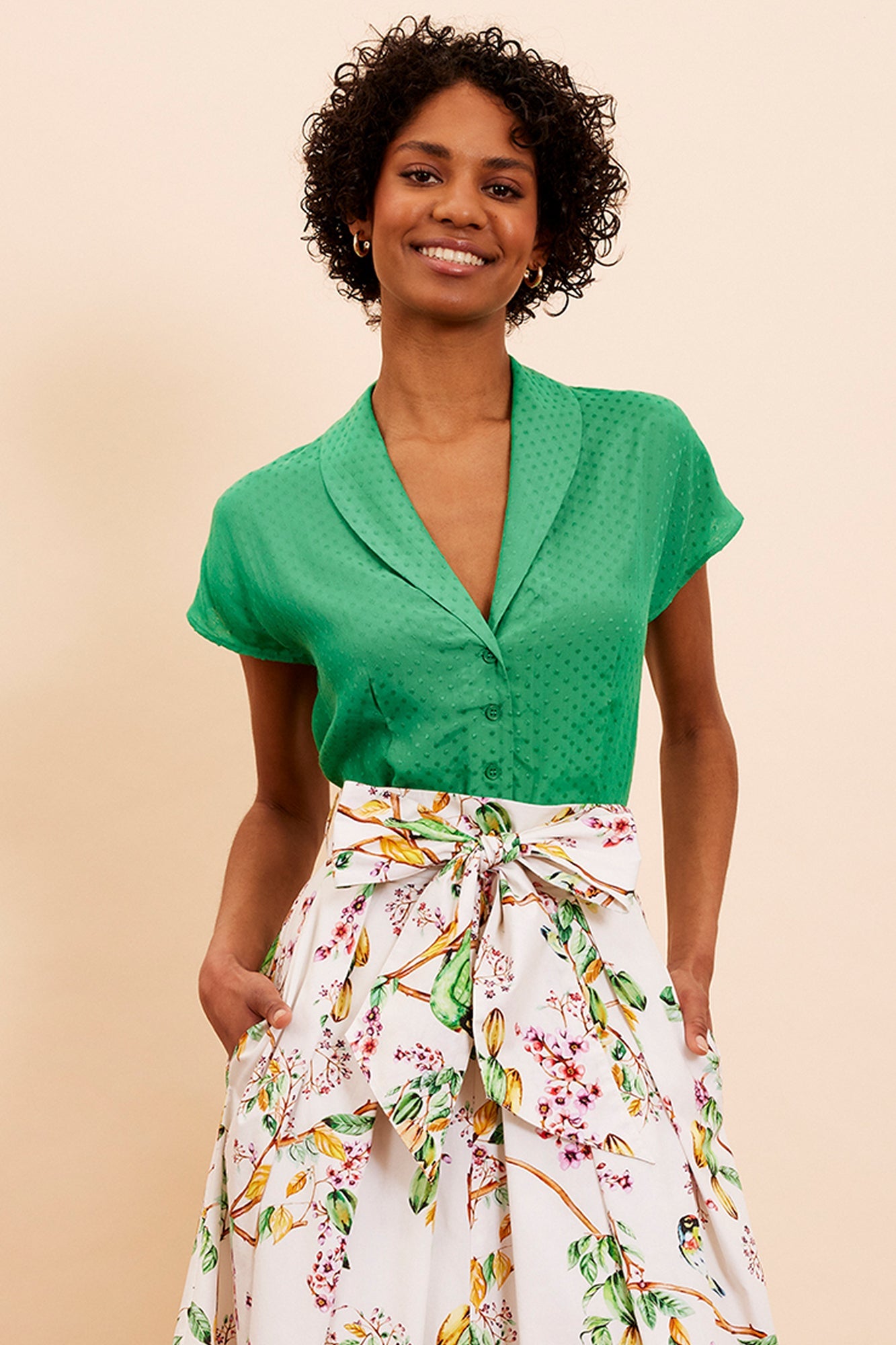 Image of EVIE GREEN DOBBY SPOT BLOUSE - NON RETURNABLE SAMPLE SAMPLE SALE - Top