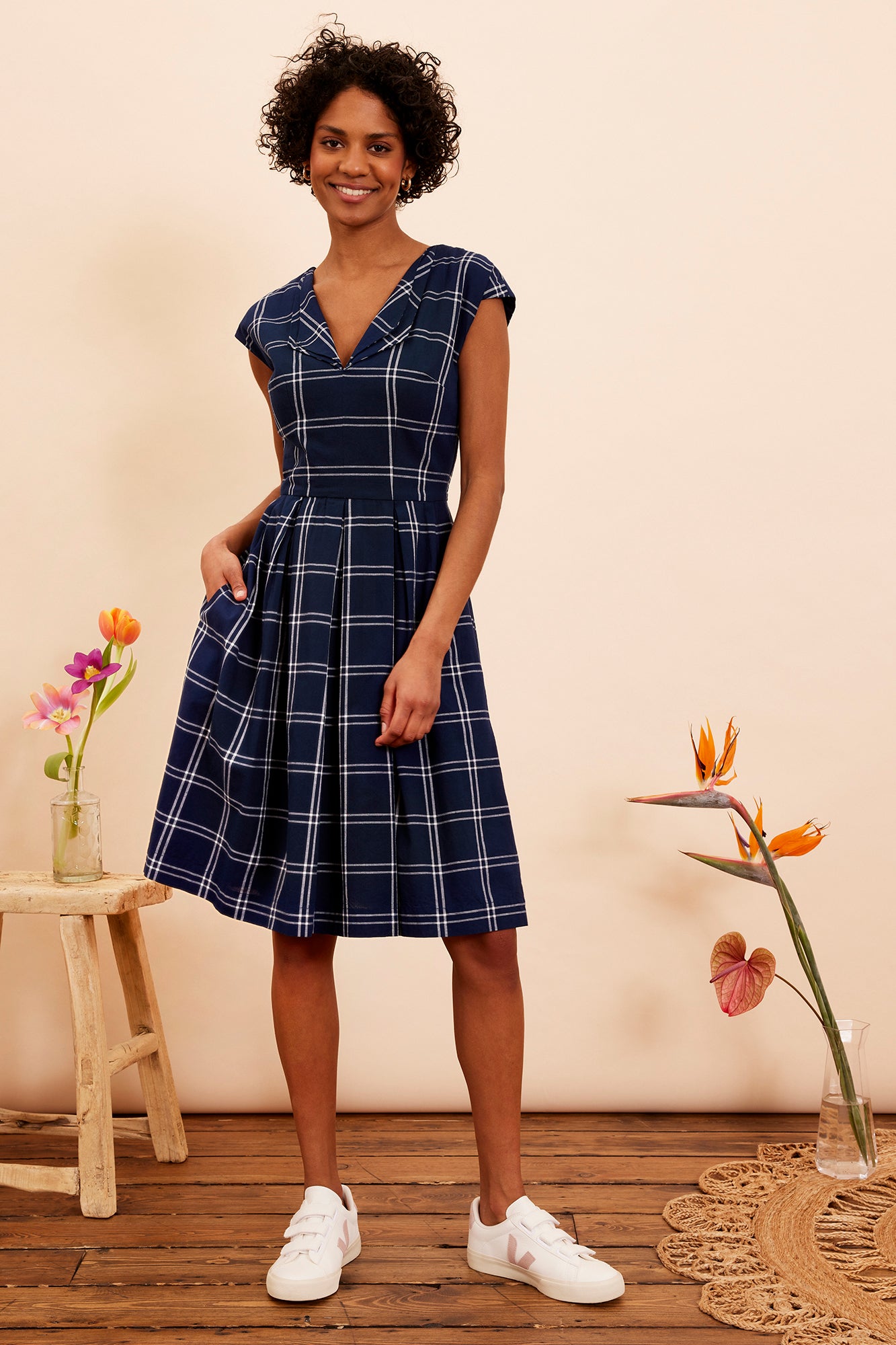 Image of Annie Navy Plaid Dress Carryover - Dress