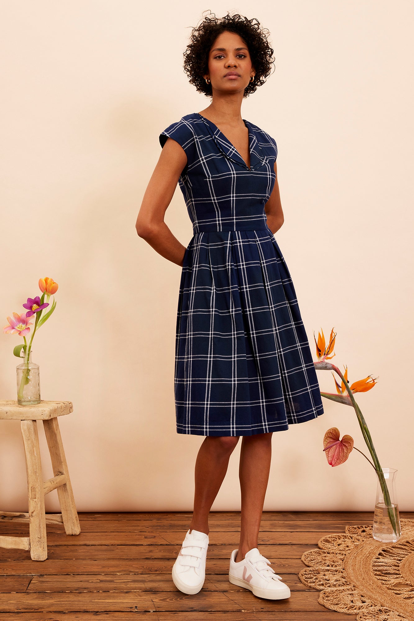 Image of Annie Navy Plaid Dress Carryover - Dress